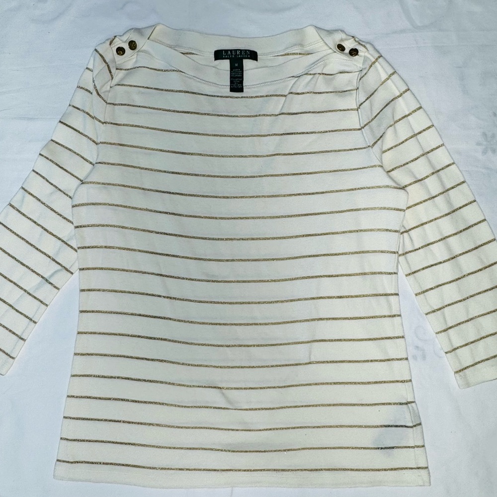 Lauren Ralph Lauren White and Gold Metallic Striped
Boatneck Top